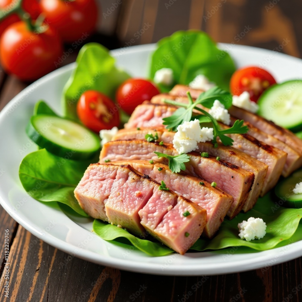 Tuna steak with mixed greens, cherry tomatoes, cucumber slices, crumbled feta cheese, lemon juice , vegetables, seafood, fish Tuna steak with mixed greens, cherry tomatoes, cucumber slices, crumbled feta cheese, lemon juice , vegetables, seafood, fish
