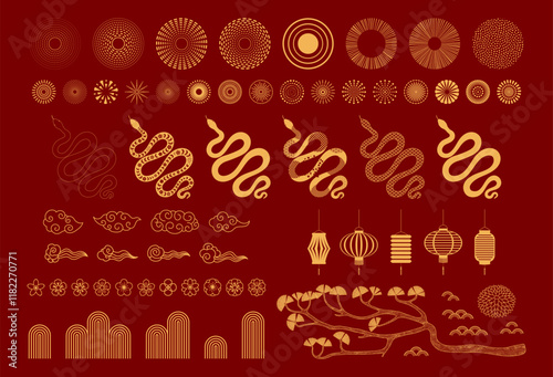 2025 Lunar New Year collection; snakes; fireworks; abstract design elements; flowers; clouds; pine; gold on red. Chinese text Happy New Year. Line art vector illustration. CNY card; banner clipart