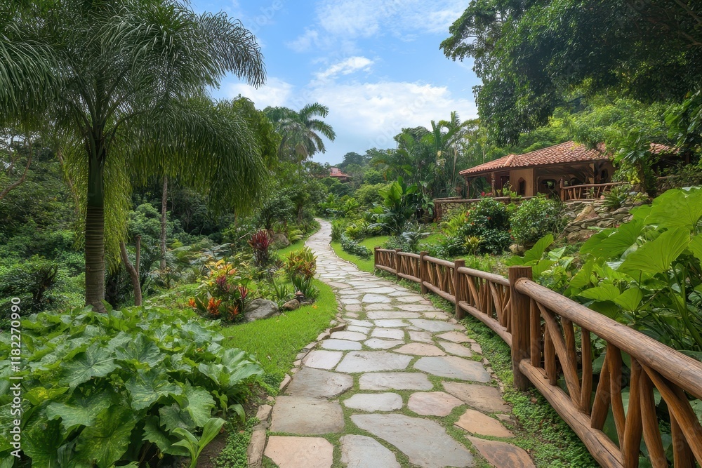 Beautiful stone pathway winding through a lush green garden in a tropical setting Beautiful stone pathway winding through a lush green garden in a tropical setting