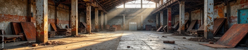 weathered metal sheeting falls from old warehouse, faded signage, worn wooden beam, overgrown vegetation weathered metal sheeting falls from old warehouse, faded signage, worn wooden beam, overgrown vegetation