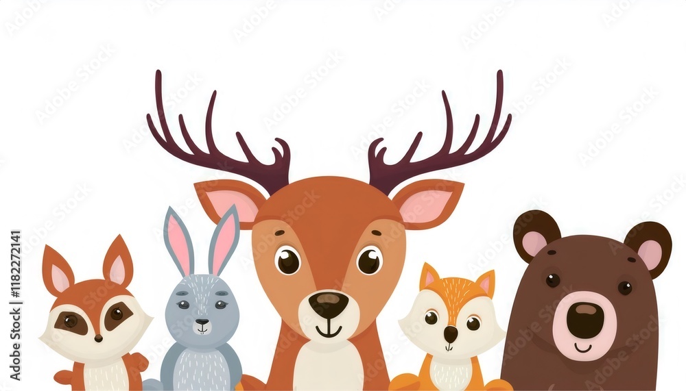 Fototapeta premium Group of adorable forest animals smiling joyfully together on a bright white background, celebrating friendship and fun in nature