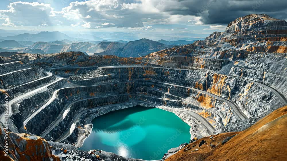 Exploring a massive open-pit mine with stunning geological formations and a reflective water body