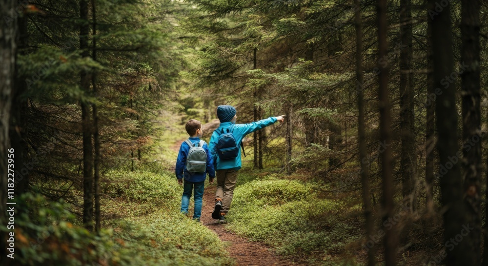 Obraz premium Two adventurous boys exploring lush forest trail