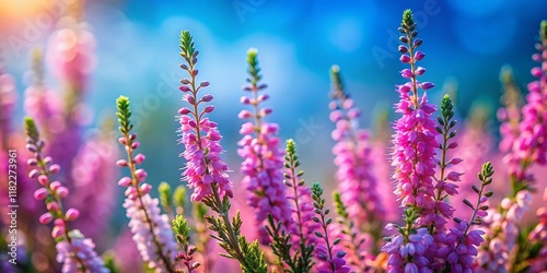 Vibrant Heather Flowers with Blurred Blue Background - Stock Photo