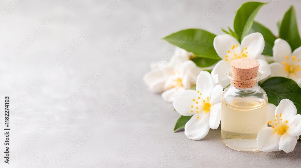 Bottle of perfume is placed on a table next to a bunch of white flowers Bottle of perfume is placed on a table next to a bunch of white flowers