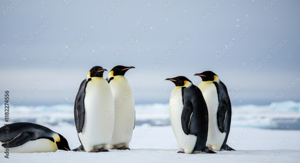 Fototapeta premium Group of emperor penguins standing in snowy Antarctic landscape