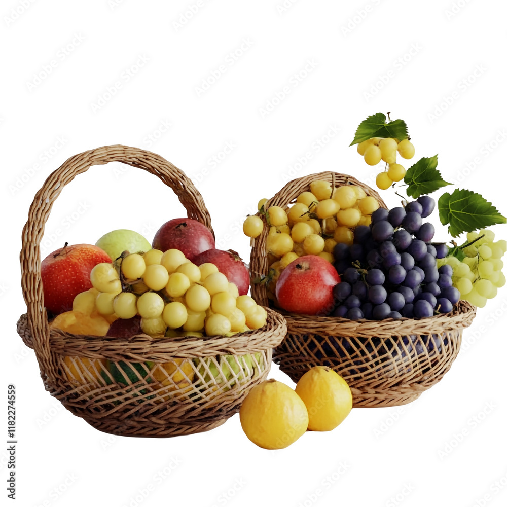 Two Wicker Baskets Overflowing with a Bountiful Harvest of Fresh Fruit, Including Grapes, Apples, and More Two Wicker Baskets Overflowing with a Bountiful Harvest of Fresh Fruit, Including Grapes, Apples, and More