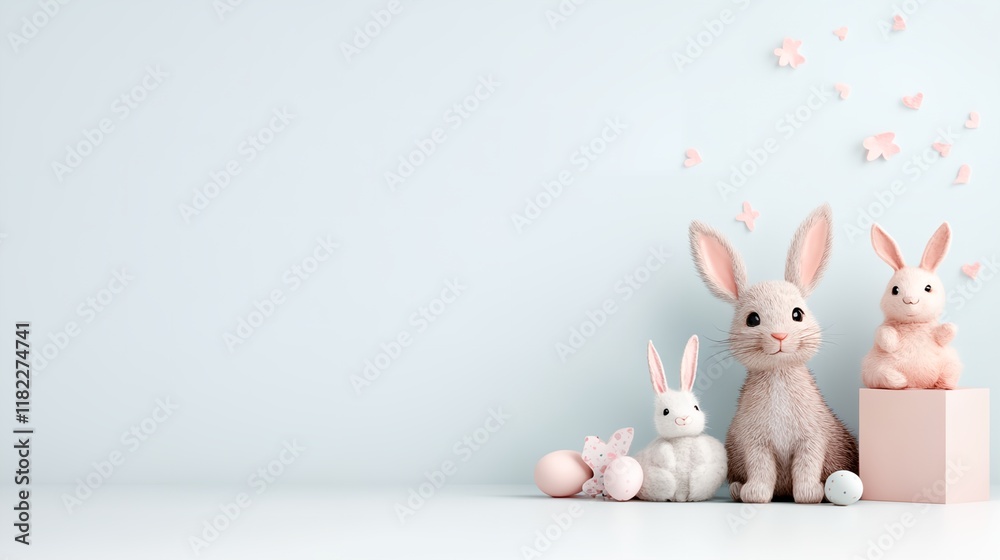 Group of stuffed rabbits are sitting in a box on a white background Group of stuffed rabbits are sitting in a box on a white background