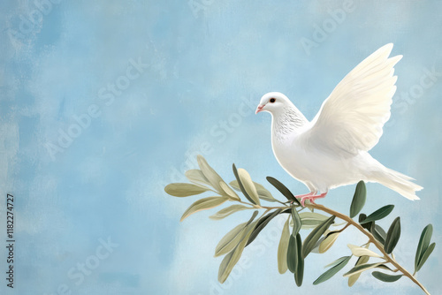 White dove perched on olive branch against sky background illustration photo