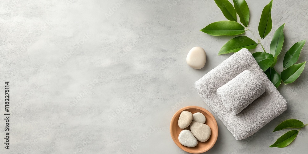 White towel is on a table with a bowl of rocks and a bottle of soap White towel is on a table with a bowl of rocks and a bottle of soap
