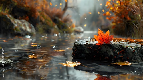 Autumn leaves on a stream stone