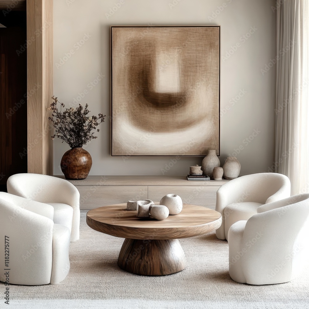 Obraz premium Minimalist interior design, organic curved armchairs, cream color palette, abstract wall art, round wooden coffee table, zen atmosphere, natural textures, soft lighting, modern elegance, clean lines,