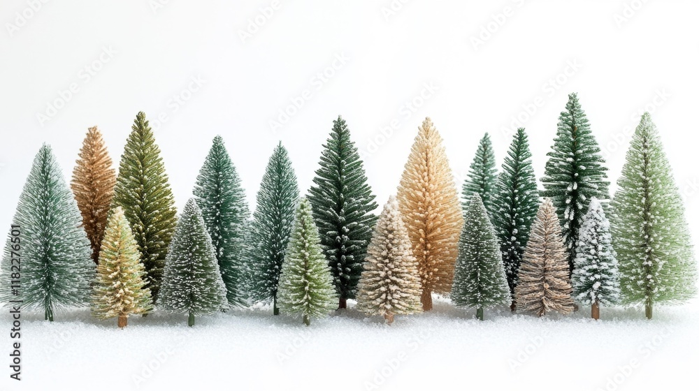 Obraz premium Miniature Christmas Trees with Snowy Details. Generative AI