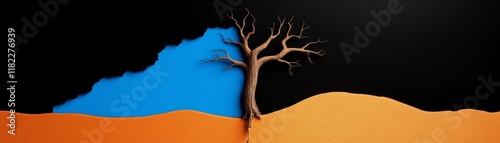 Dualities of Nature: A stark visual representation of environmental contrast, featuring a barren tree rooted between vibrant blue and arid orange landscapes. photo