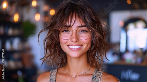 Confident woman displays fresh haircut while smiling brightly in a lively cafe setting