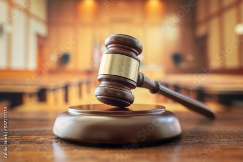 Judges gavel in courtroom legal trial and law background photo