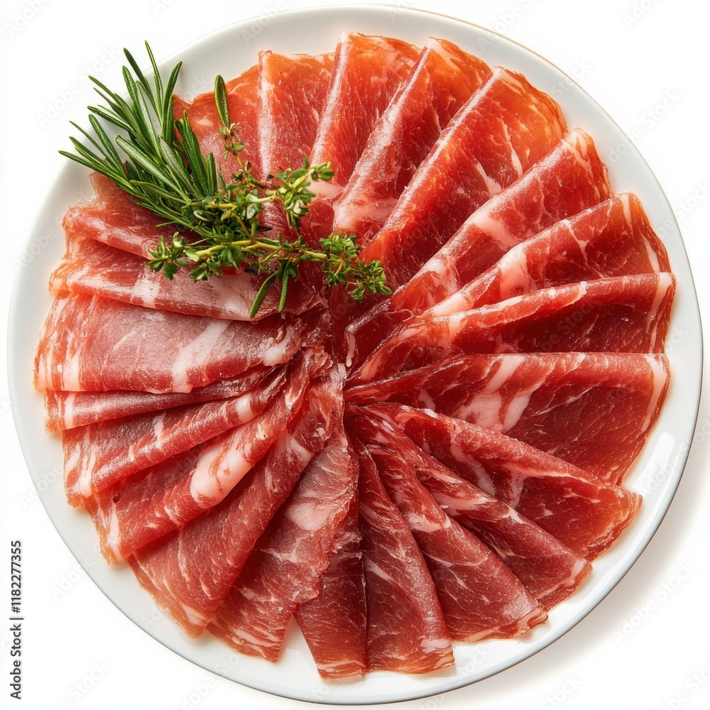 A stunning arrangement of thinly sliced cured meats is beautifully showcased on a white plate, complemented by sprigs of fresh herbs, creating a delightful culinary centerpiece A stunning arrangement of thinly sliced cured meats is beautifully showcased on a white plate, complemented by sprigs of fresh herbs, creating a delightful culinary centerpiece
