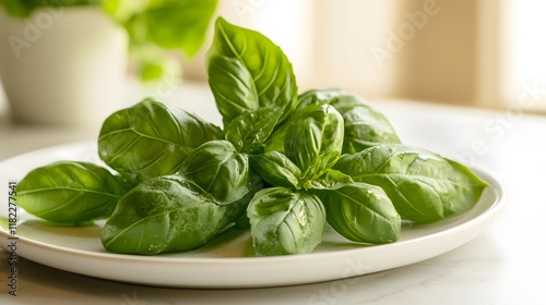 Harvesting fresh basil leaves home kitchen food photography bright natural light close-up culinary delight