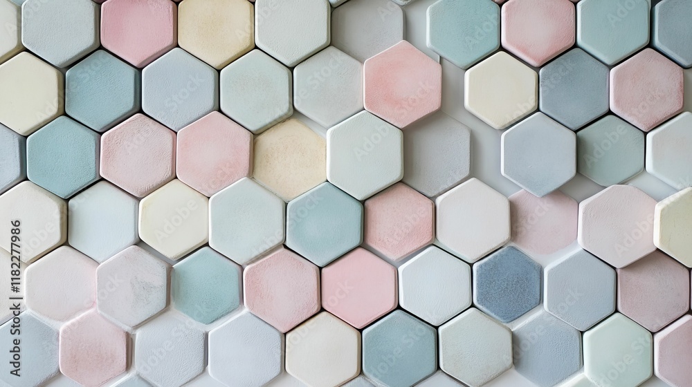 Pastel hexagon shapes form a textured wall. Pastel hexagon shapes form a textured wall.