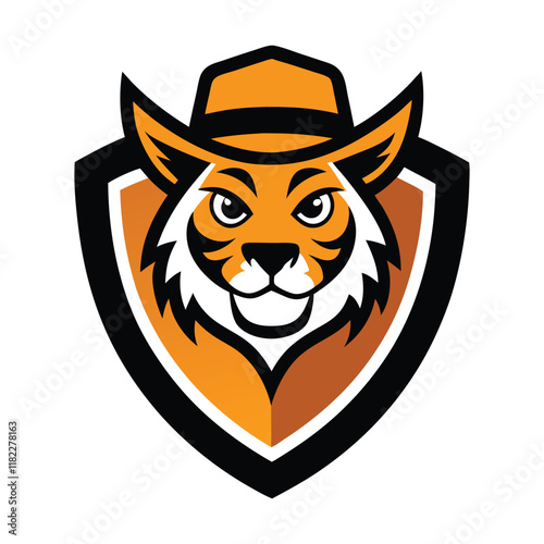 A fierce tiger cowboy mascot logo featuring a tiger wearing a cowboy hat and boots, holding a lasso, with bold, dynamic lines and a Western-themed color palette.