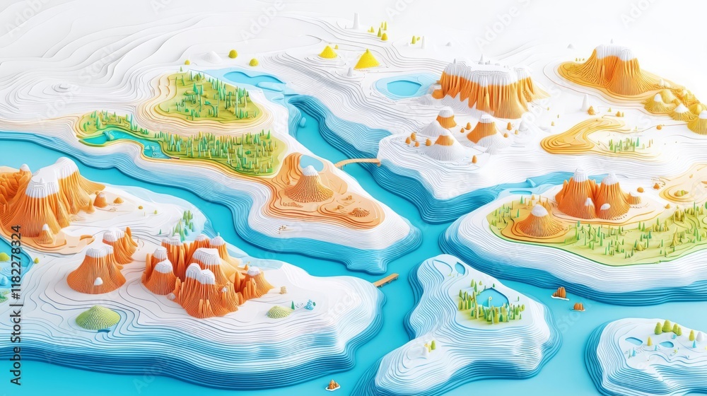 Naklejka premium Colorful 3D islands with diverse terrains and vibrant waters.
