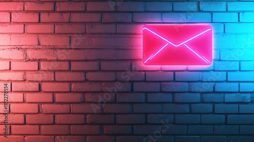 Glowing red envelope icon on an empty brick wall, highlighted by neon lights in blue and pink hues, representing digital minimalism and modern design aesthetics with a focus on the lighting's glowing  photo