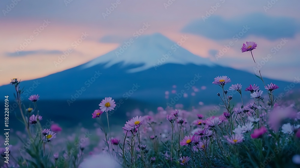 Fototapeta premium Pink Flowers Bloom Before Mount Fuji at Sunset