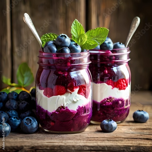 Blueberry and raspberry parfaits in mason jars, still life against a rustic wood background, generative ai
 photo