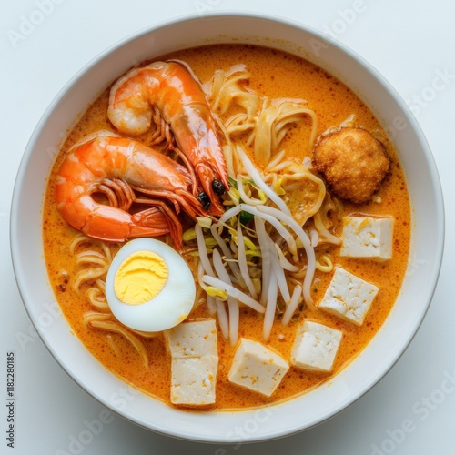 A vibrant bowl filled with curry noodle soup showcases succulent shrimp, a soft-boiled egg, tofu cubes, and fresh bean sprouts photo