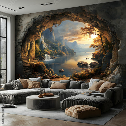 Serene Cave Landscape Wall Mural:  A Picturesque Sunset Over a Tranquil Lake photo