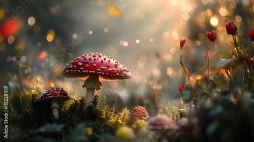 Enchanting mushroom growth in a sunlit forest nature photography magical atmosphere serenity