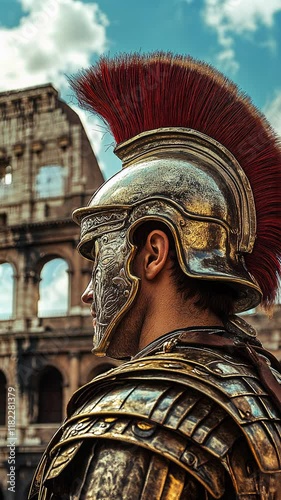 Roman legionary wearing helmet and armor with red plume at Colosseum
