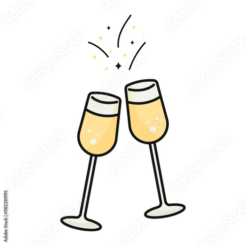 Champagne glasses clinking with sparkles. Flat design. Vector celebration icon isolated.