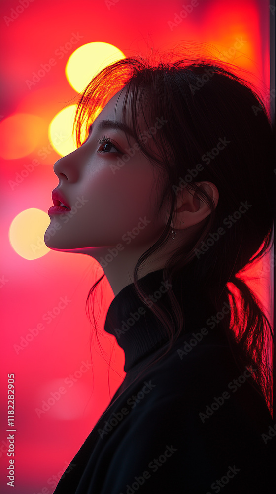 Portrait of a young Korean woman against a vibrant red background evoking deep contemplation and allure at nighttime Portrait of a young Korean woman against a vibrant red background evoking deep contemplation and allure at nighttime