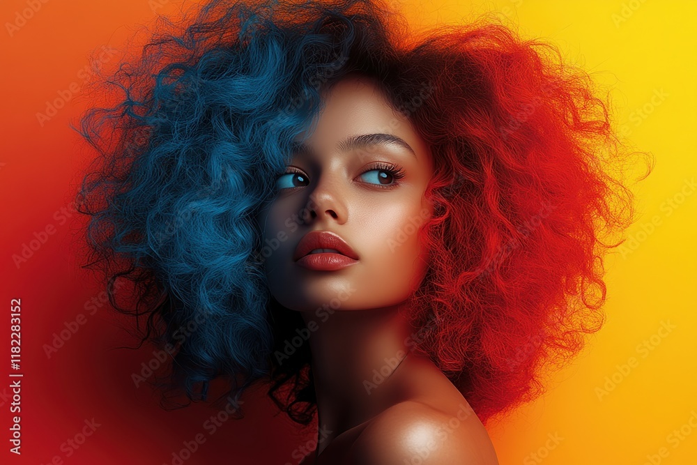 Fototapeta premium Graphic layout of a model with vibrant red and blue curls on a gradient background