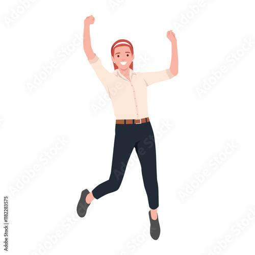 Young happy businesswoman jumping happy. Flat vector illustration isolated on white background