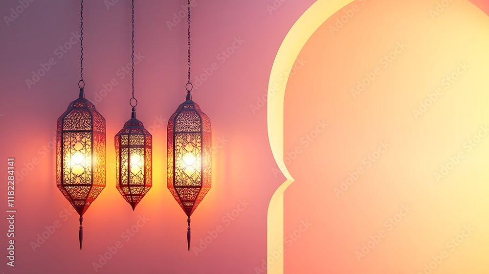 Illuminated Moroccan Lanterns Hanging Against Warm Background Illuminated Moroccan Lanterns Hanging Against Warm Background