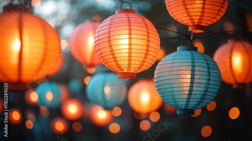 Festive Paper Lanterns with Warm Glow. Generative AI photo