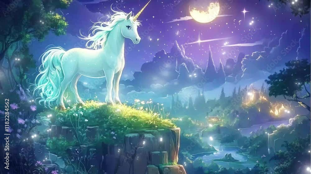 Enchanting moment with a white unicorn standing majestically under the moonlight glitch stream overlay seamless loop Vtuber streamer asset twitch zoom OBS screen animated wallpaper virtual background