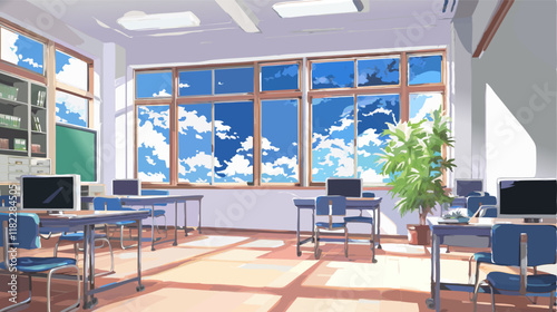 Empty classroom with computers and sunny sky view