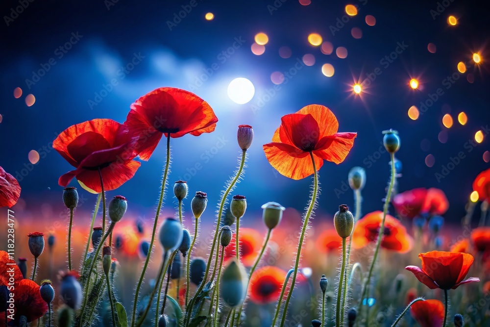Obraz premium Vibrant Red Poppies Swaying in the Gentle Evening Breeze - Low Light Photography Stock Photo