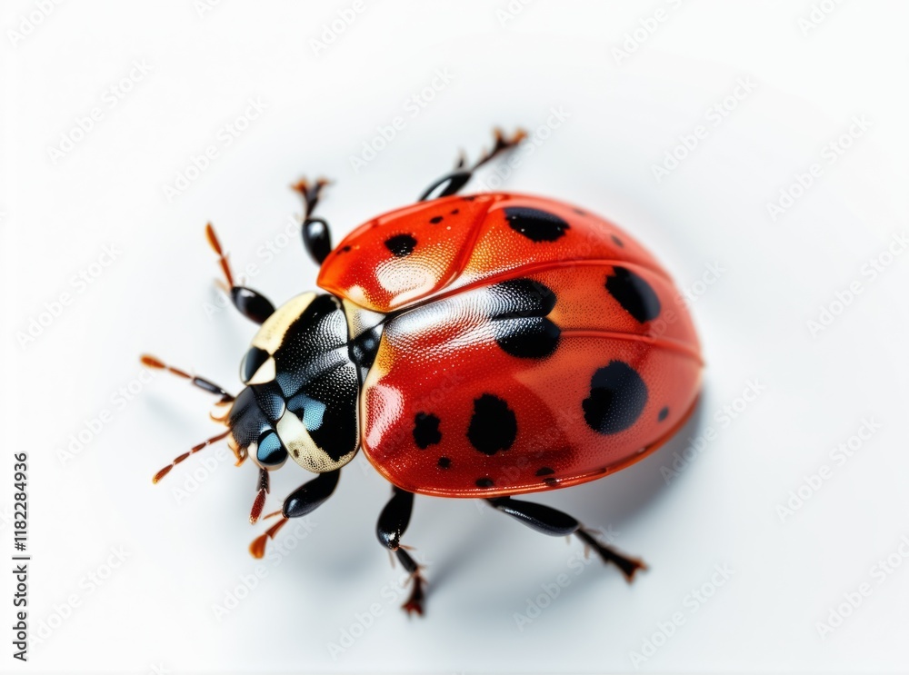 Red ladybug with black spots resting on a white surface, showcasing vivid colors and intricate details under natural light Red ladybug with black spots resting on a white surface, showcasing vivid colors and intricate details under natural light