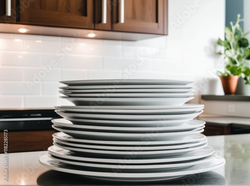 Stacked white plates ready for washing in a modern kitchen photo