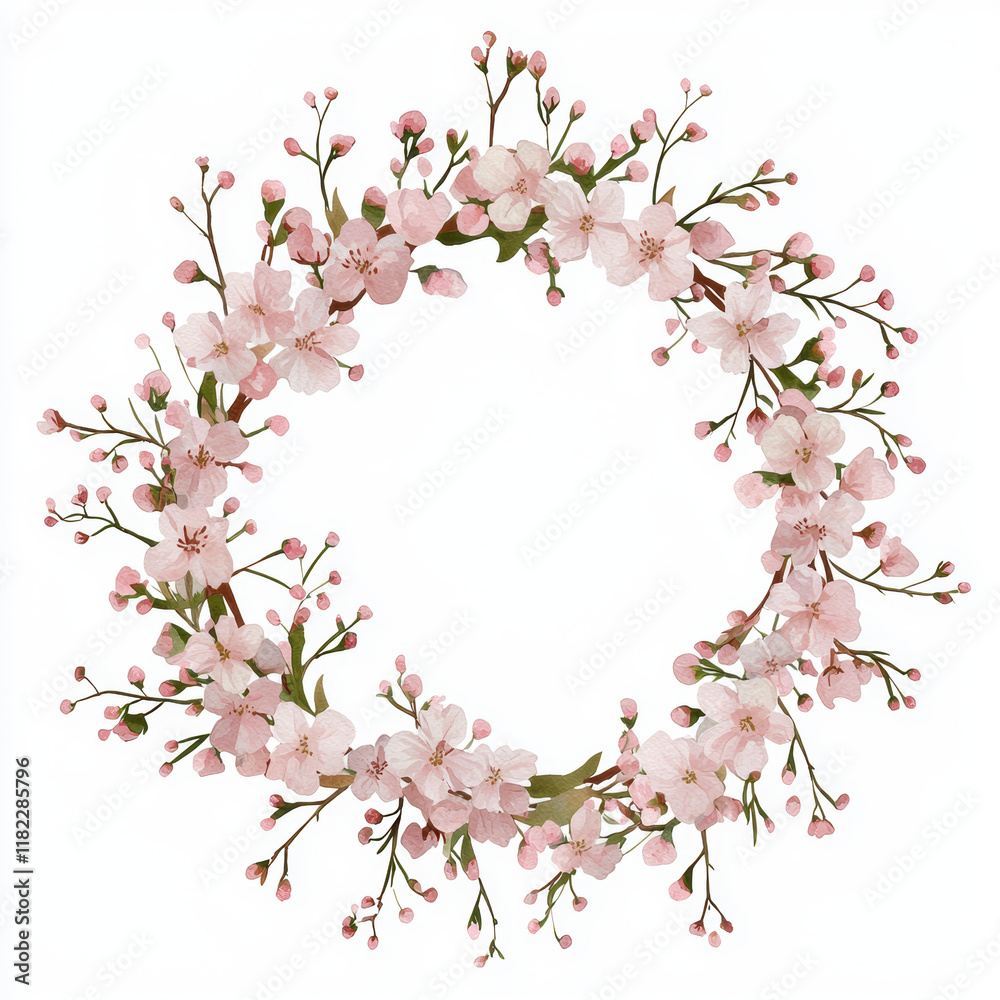 Delicate pink floral wreath with blossoms and buds, perfect for decoration. Isolated over white background. Delicate pink floral wreath with blossoms and buds, perfect for decoration. Isolated over white background.