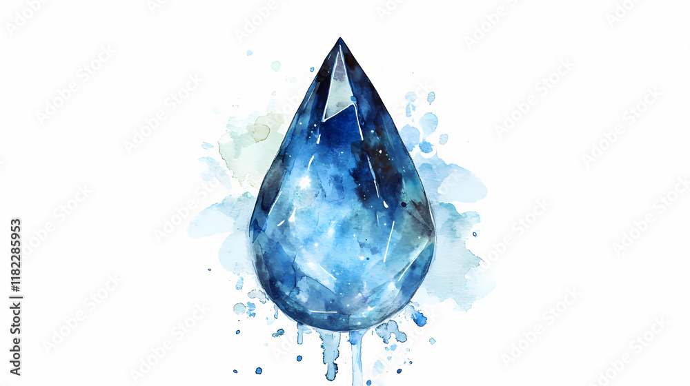 Obraz premium Blue crystal teardrop with watercolor effects, cut out - stock png. Stardrop. Illustration