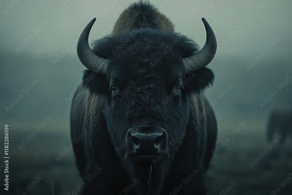 Naklejka premium A close-up of a bison in a misty landscape, showcasing its powerful presence.