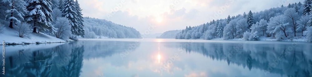 A frozen lake with trees reflected on its surface, frozen pond, wintery wonderland A frozen lake with trees reflected on its surface, frozen pond, wintery wonderland