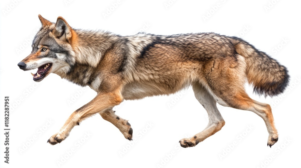 A wolf in mid-stride, showcasing its sleek fur and agile movement against a white background. A wolf in mid-stride, showcasing its sleek fur and agile movement against a white background.