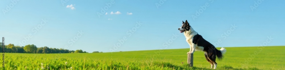 Border Collie perched on wooden fence post in green field with blue sky above, grass, border collie, nature Border Collie perched on wooden fence post in green field with blue sky above, grass, border collie, nature