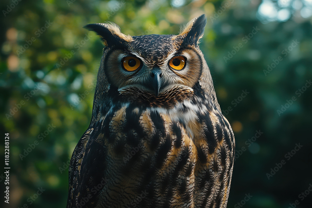 A close-up of a majestic owl with striking orange eyes and intricate feather patterns. A close-up of a majestic owl with striking orange eyes and intricate feather patterns.